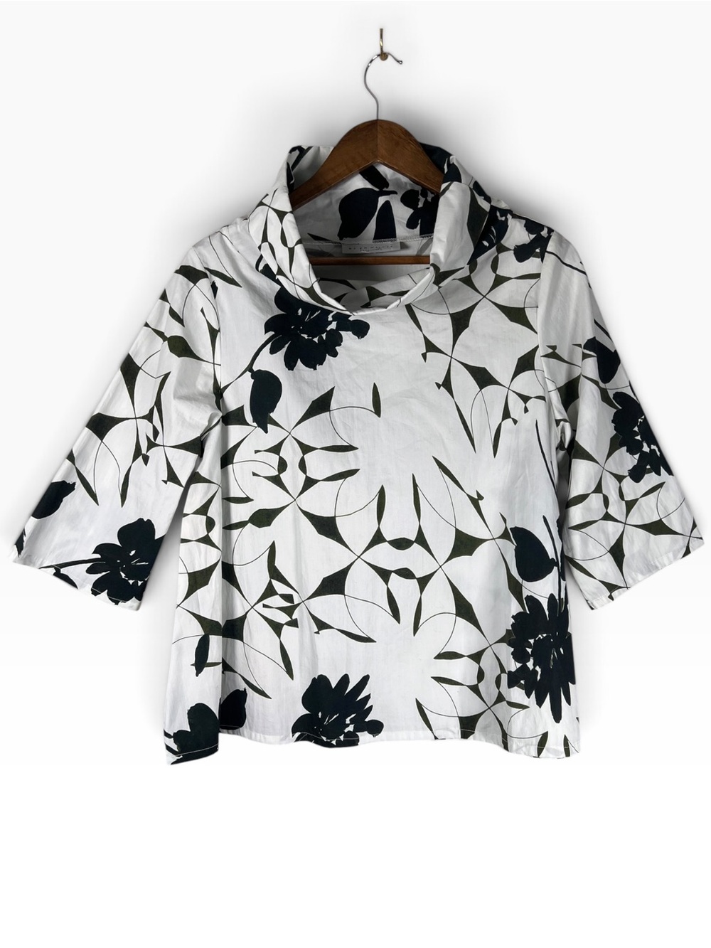 Bryn Walker Floral Cowl Neck Poplin Top XS Black White Green Made USA Lagenlook